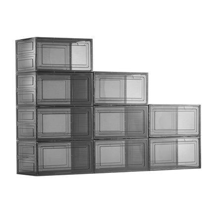 Shoe Storage Boxes, 9 Pack Clear Stackable Shoe Boxes Storage Organizers with Magnetic Door, Fit up to US Size 13, Plastic Sneaker Containers for High Heels, Boots, and Hats, Transparent Black.