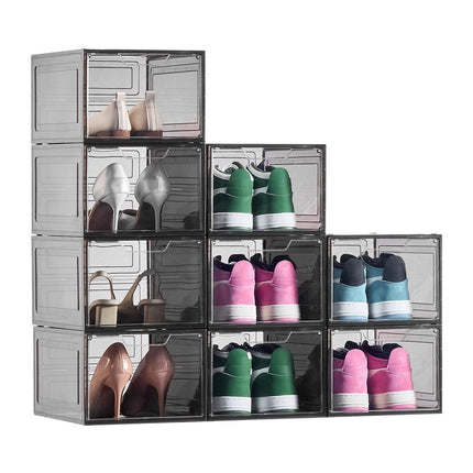 Shoe Storage Boxes, 9 Pack Clear Stackable Shoe Boxes Storage Organizers with Magnetic Door, Fit up to US Size 13, Plastic Sneaker Containers for High Heels, Boots, and Hats, Transparent Black.