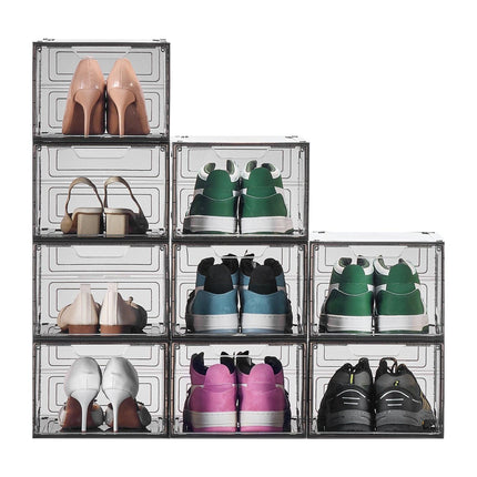 Shoe Storage Boxes, 9 Pack Clear Stackable Shoe Boxes Storage Organizers with Magnetic Door, Fit up to US Size 13, Plastic Sneaker Containers for High Heels, Boots, and Hats, Transparent Black.