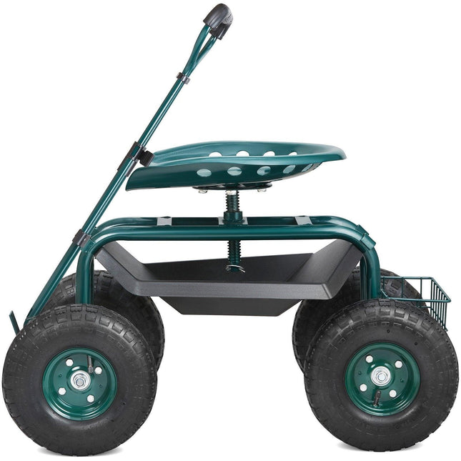 Garden Cart Rolling Workseat with Wheels, Gardening Stool for Planting, 360 Degree Swivel Seat, Wagon Scooter with Steering Handle & Utility Tool Tray, Use for Patio, Yard, and Outdoors, Green.
