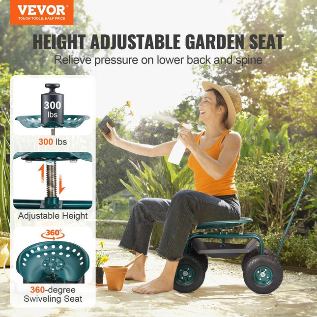 Garden Cart Rolling Workseat with Wheels, Gardening Stool for Planting, 360 Degree Swivel Seat, Wagon Scooter with Steering Handle & Utility Tool Tray, Use for Patio, Yard, and Outdoors, Green.