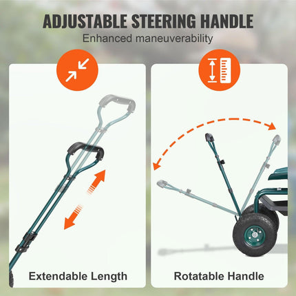 Garden Cart Rolling Workseat with Wheels, Gardening Stool for Planting, 360 Degree Swivel Seat, Wagon Scooter with Steering Handle & Utility Tool Tray, Use for Patio, Yard, and Outdoors, Green.