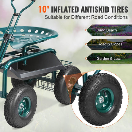 Garden Cart Rolling Workseat with Wheels, Gardening Stool for Planting, 360 Degree Swivel Seat, Wagon Scooter with Steering Handle & Utility Tool Tray, Use for Patio, Yard, and Outdoors, Green.