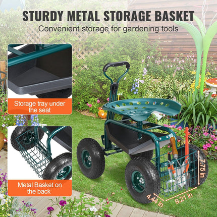 Garden Cart Rolling Workseat with Wheels, Gardening Stool for Planting, 360 Degree Swivel Seat, Wagon Scooter with Steering Handle & Utility Tool Tray, Use for Patio, Yard, and Outdoors, Green.