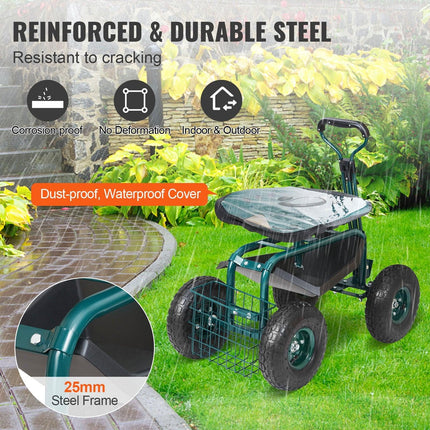 Garden Cart Rolling Workseat with Wheels, Gardening Stool for Planting, 360 Degree Swivel Seat, Wagon Scooter with Steering Handle & Utility Tool Tray, Use for Patio, Yard, and Outdoors, Green.