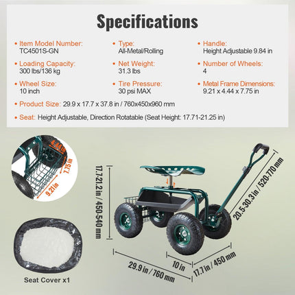 Garden Cart Rolling Workseat with Wheels, Gardening Stool for Planting, 360 Degree Swivel Seat, Wagon Scooter with Steering Handle & Utility Tool Tray, Use for Patio, Yard, and Outdoors, Green.