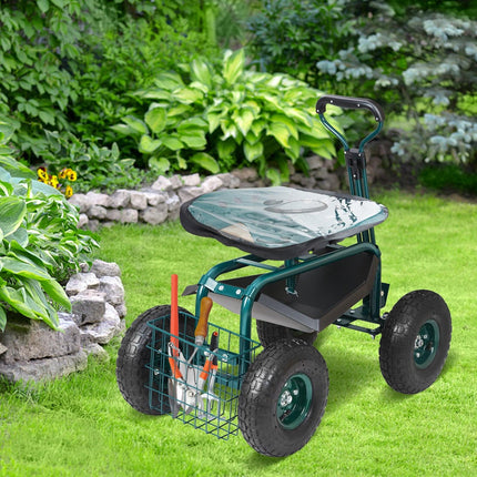 Garden Cart Rolling Workseat with Wheels, Gardening Stool for Planting, 360 Degree Swivel Seat, Wagon Scooter with Steering Handle & Utility Tool Tray, Use for Patio, Yard, and Outdoors, Green.