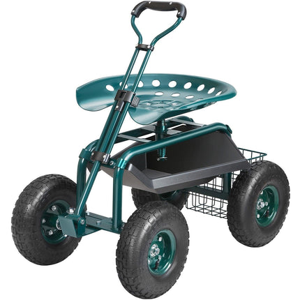 Garden Cart Rolling Workseat with Wheels, Gardening Stool for Planting, 360 Degree Swivel Seat, Wagon Scooter with Steering Handle & Utility Tool Tray, Use for Patio, Yard, and Outdoors, Green.