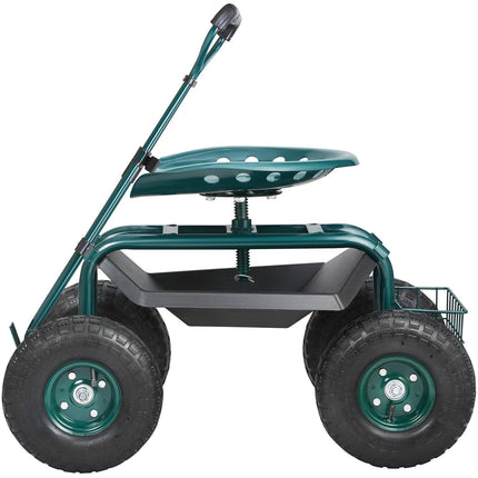 Garden Cart Rolling Workseat with Wheels, Gardening Stool for Planting, 360 Degree Swivel Seat, Wagon Scooter with Steering Handle & Utility Tool Tray, Use for Patio, Yard, and Outdoors, Green.