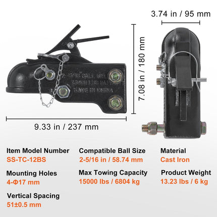 Adjustable Trailer Coupler, 2-5/16" Hitch Ball, 15000 lbs Capacity, Heavy Duty Cast Channel-Mount Coupler with Hardware Kit, Ideal for Towing Station Wagons, Pickup Trucks, SUVs, Black Coating.