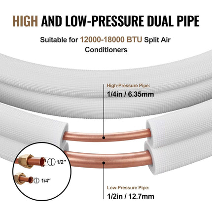 4876.8mm Mini Split Line Set, 6.4 & 12.7mm O.D Copper Pipes Tubing and Triple-Layer Insulation, for Air Conditioning or Heating Pump Equipment & HVAC with Rich Accessories (18ft Connection Cable.