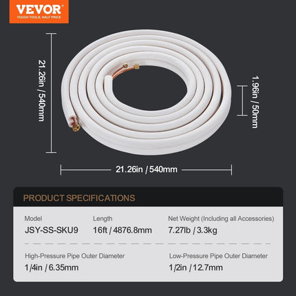 4876.8mm Mini Split Line Set, 6.4 & 12.7mm O.D Copper Pipes Tubing and Triple-Layer Insulation, for Air Conditioning or Heating Pump Equipment & HVAC with Rich Accessories (18ft Connection Cable.