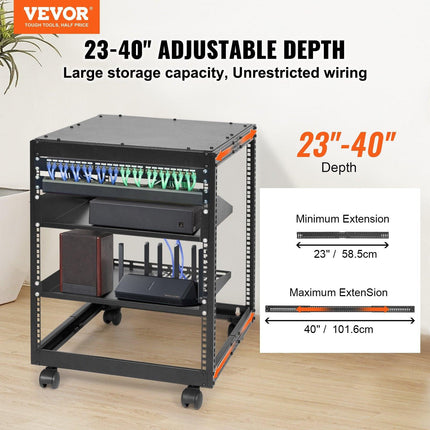 12U Open Frame Server Rack, 15''-40'' Adjustable Depth, Free Standing or Wall Mount Network Server Rack, 4 Post AV Rack with Casters, Holds All Your Networking IT Equipment AV Gear Router Modem.
