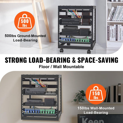 12U Open Frame Server Rack, 15''-40'' Adjustable Depth, Free Standing or Wall Mount Network Server Rack, 4 Post AV Rack with Casters, Holds All Your Networking IT Equipment AV Gear Router Modem.