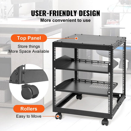 12U Open Frame Server Rack, 15''-40'' Adjustable Depth, Free Standing or Wall Mount Network Server Rack, 4 Post AV Rack with Casters, Holds All Your Networking IT Equipment AV Gear Router Modem.
