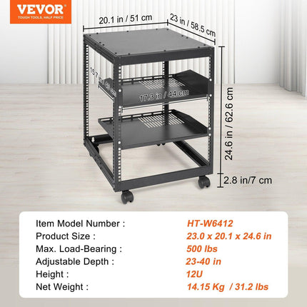 12U Open Frame Server Rack, 15''-40'' Adjustable Depth, Free Standing or Wall Mount Network Server Rack, 4 Post AV Rack with Casters, Holds All Your Networking IT Equipment AV Gear Router Modem.