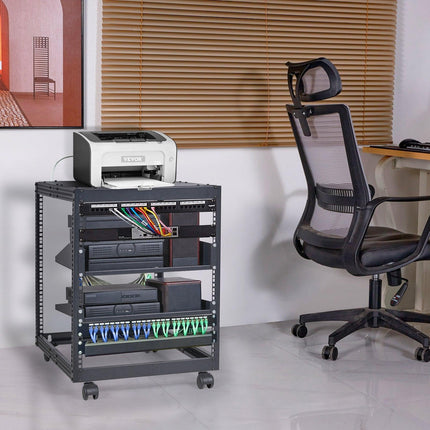 12U Open Frame Server Rack, 15''-40'' Adjustable Depth, Free Standing or Wall Mount Network Server Rack, 4 Post AV Rack with Casters, Holds All Your Networking IT Equipment AV Gear Router Modem.