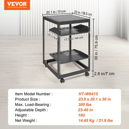 15U Open Frame Server Rack, 23-40 in Adjustable Depth, Free Standing or Wall Mount Network Server Rack, 4 Post AV Rack with Casters, Holds All Your Networking IT Equipment AV Gear Router Modem.