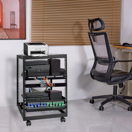 15U Open Frame Server Rack, 23-40 in Adjustable Depth, Free Standing or Wall Mount Network Server Rack, 4 Post AV Rack with Casters, Holds All Your Networking IT Equipment AV Gear Router Modem.