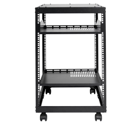 15U Open Frame Server Rack, 23-40 in Adjustable Depth, Free Standing or Wall Mount Network Server Rack, 4 Post AV Rack with Casters, Holds All Your Networking IT Equipment AV Gear Router Modem.
