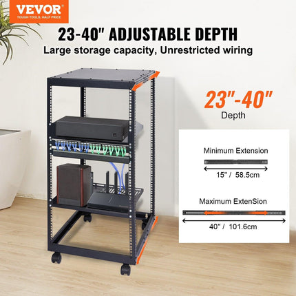 20U Open Frame Server Rack, 15''-40'' Adjustable Depth, Free Standing or Wall Mount Network Server Rack, 4 Post AV Rack with Casters, Holds All Your Networking IT Equipment AV Gear Router Modem.
