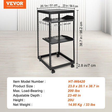 20U Open Frame Server Rack, 15''-40'' Adjustable Depth, Free Standing or Wall Mount Network Server Rack, 4 Post AV Rack with Casters, Holds All Your Networking IT Equipment AV Gear Router Modem.