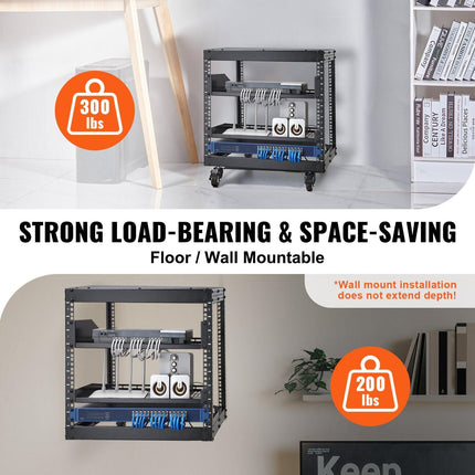 9U Open Frame Server Rack, 584.2 to 1016 mm Adjustable Depth, Free Standing or Wall Mount Network Server Rack with 360° Casters, Heavy Duty 4 Post Holds All Your Networking IT Equipment AV Gear.