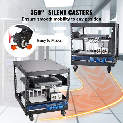 9U Open Frame Server Rack, 584.2 to 1016 mm Adjustable Depth, Free Standing or Wall Mount Network Server Rack with 360° Casters, Heavy Duty 4 Post Holds All Your Networking IT Equipment AV Gear.