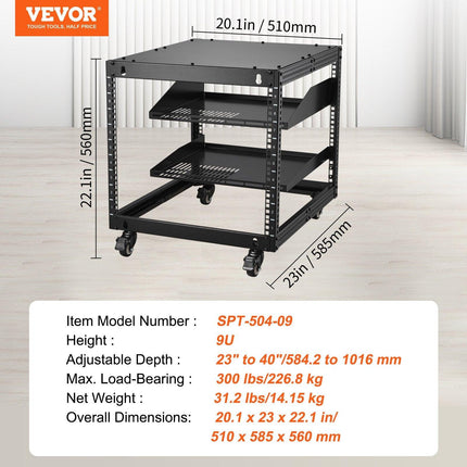 9U Open Frame Server Rack, 584.2 to 1016 mm Adjustable Depth, Free Standing or Wall Mount Network Server Rack with 360° Casters, Heavy Duty 4 Post Holds All Your Networking IT Equipment AV Gear.