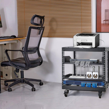9U Open Frame Server Rack, 584.2 to 1016 mm Adjustable Depth, Free Standing or Wall Mount Network Server Rack with 360° Casters, Heavy Duty 4 Post Holds All Your Networking IT Equipment AV Gear.