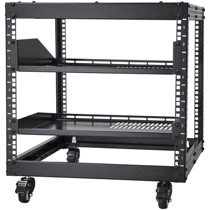 9U Open Frame Server Rack, 584.2 to 1016 mm Adjustable Depth, Free Standing or Wall Mount Network Server Rack with 360° Casters, Heavy Duty 4 Post Holds All Your Networking IT Equipment AV Gear.