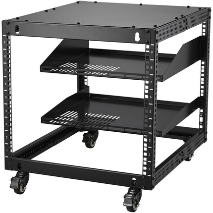 9U Open Frame Server Rack, 584.2 to 1016 mm Adjustable Depth, Free Standing or Wall Mount Network Server Rack with 360° Casters, Heavy Duty 4 Post Holds All Your Networking IT Equipment AV Gear.