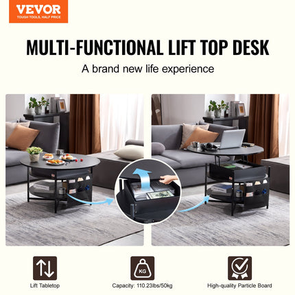 Lift Top Coffee Table 35.3" Round Coffee Table for Living Room Black.