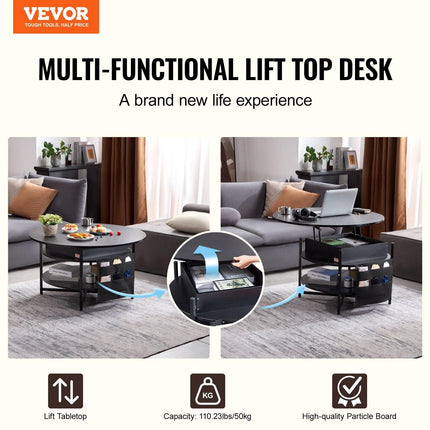 Lift Top Coffee Table 35.3" Round Coffee Table for Living Room Black.