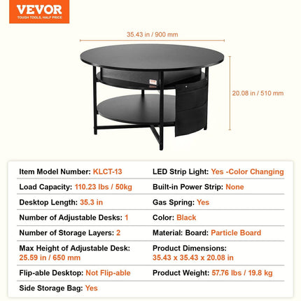 Lift Top Coffee Table 35.3" Round Coffee Table for Living Room Black.