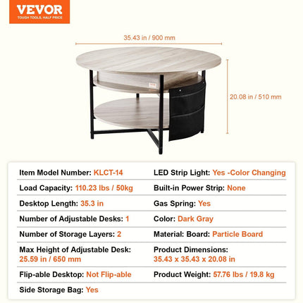 Lift Top Coffee Table 35.3" Round Coffee Table for Living Room White.