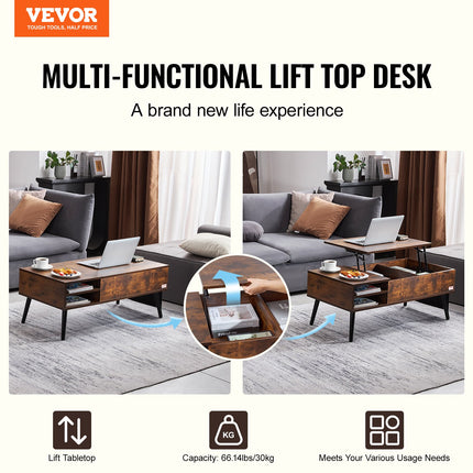 Lift Top Coffee Table 39.4 in Rectangle Coffee Table for Living Room Brown.