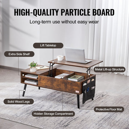 Lift Top Coffee Table 39.4 in Rectangle Coffee Table for Living Room Brown.