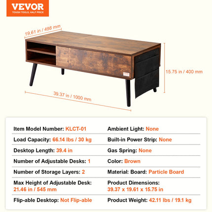 Lift Top Coffee Table 39.4 in Rectangle Coffee Table for Living Room Brown.