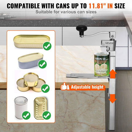 Commercial Can Opener, Heavy-Duty Manual Tabletop Cans Opener for Cans Up to 300 mm Height, Height-Adjustable Professional Can Openers Fixed with Screws, for Restaurant, Hotel, and Food Store.