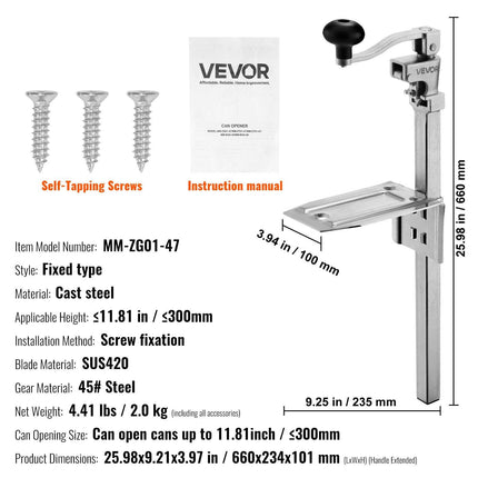 Commercial Can Opener, Heavy-Duty Manual Tabletop Cans Opener for Cans Up to 300 mm Height, Height-Adjustable Professional Can Openers Fixed with Screws, for Restaurant, Hotel, and Food Store.