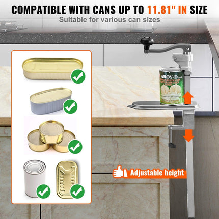 Commercial Can Opener, Heavy-Duty Manual Tabletop Cans Opener for Cans Up to 300 mm Height, Height-Adjustable Can Openers Fixed with Screws & Table Clamp, for Restaurant, Hotel, and Food Store.