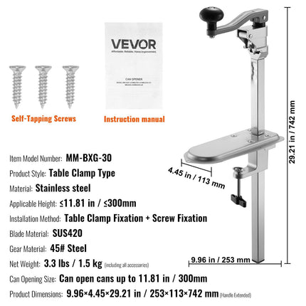 Commercial Can Opener, Heavy-Duty Manual Tabletop Cans Opener for Cans Up to 300 mm Height, Height-Adjustable Can Openers Fixed with Screws & Table Clamp, for Restaurant, Hotel, and Food Store.