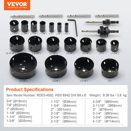 Hole Saw Kit, 18 PCS Saw Blades, 6 Drill Bits, 1 Hex Wrench, Bi Metal M42 Hole Saw Set with Carrying Case, General Purpose Size from 3/4" to 4-1/2", Ideal for Wood Board, Iron and Plastic Plate.