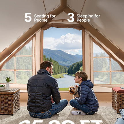Inflatable Tents for Camping, 3-5 Person Easy Setup Blow up Tent with Hand Pump, 300D Oxford 4 Season Glamping Tent with Canopy, Stove Jack, 2 Doors & 2 Mesh Windows (Storage Bag Included).