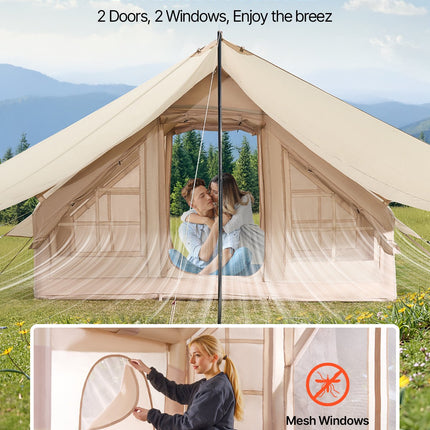 Inflatable Tents for Camping, 3-5 Person Easy Setup Blow up Tent with Hand Pump, 300D Oxford 4 Season Glamping Tent with Canopy, Stove Jack, 2 Doors & 2 Mesh Windows (Storage Bag Included).