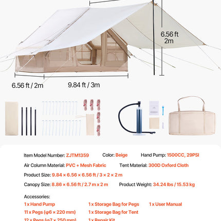 Inflatable Tents for Camping, 3-5 Person Easy Setup Blow up Tent with Hand Pump, 300D Oxford 4 Season Glamping Tent with Canopy, Stove Jack, 2 Doors & 2 Mesh Windows (Storage Bag Included).