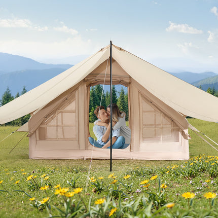 Inflatable Tents for Camping, 3-5 Person Easy Setup Blow up Tent with Hand Pump, 300D Oxford 4 Season Glamping Tent with Canopy, Stove Jack, 2 Doors & 2 Mesh Windows (Storage Bag Included).