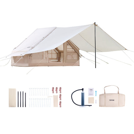 Inflatable Tents for Camping, 3-5 Person Easy Setup Blow up Tent with Hand Pump, 300D Oxford 4 Season Glamping Tent with Canopy, Stove Jack, 2 Doors & 2 Mesh Windows (Storage Bag Included).