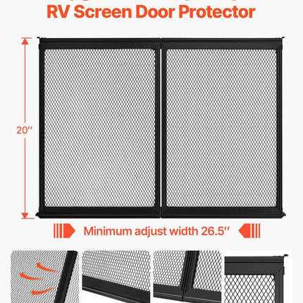 RV Screen Door Protector, 673.1 x 508 mm Door Grille, Easy to Install and Disassemble, Reinforced Breathable Protective Mesh, Aluminum Alloy Camper RV Entry Protector for Pet Protection, Black.